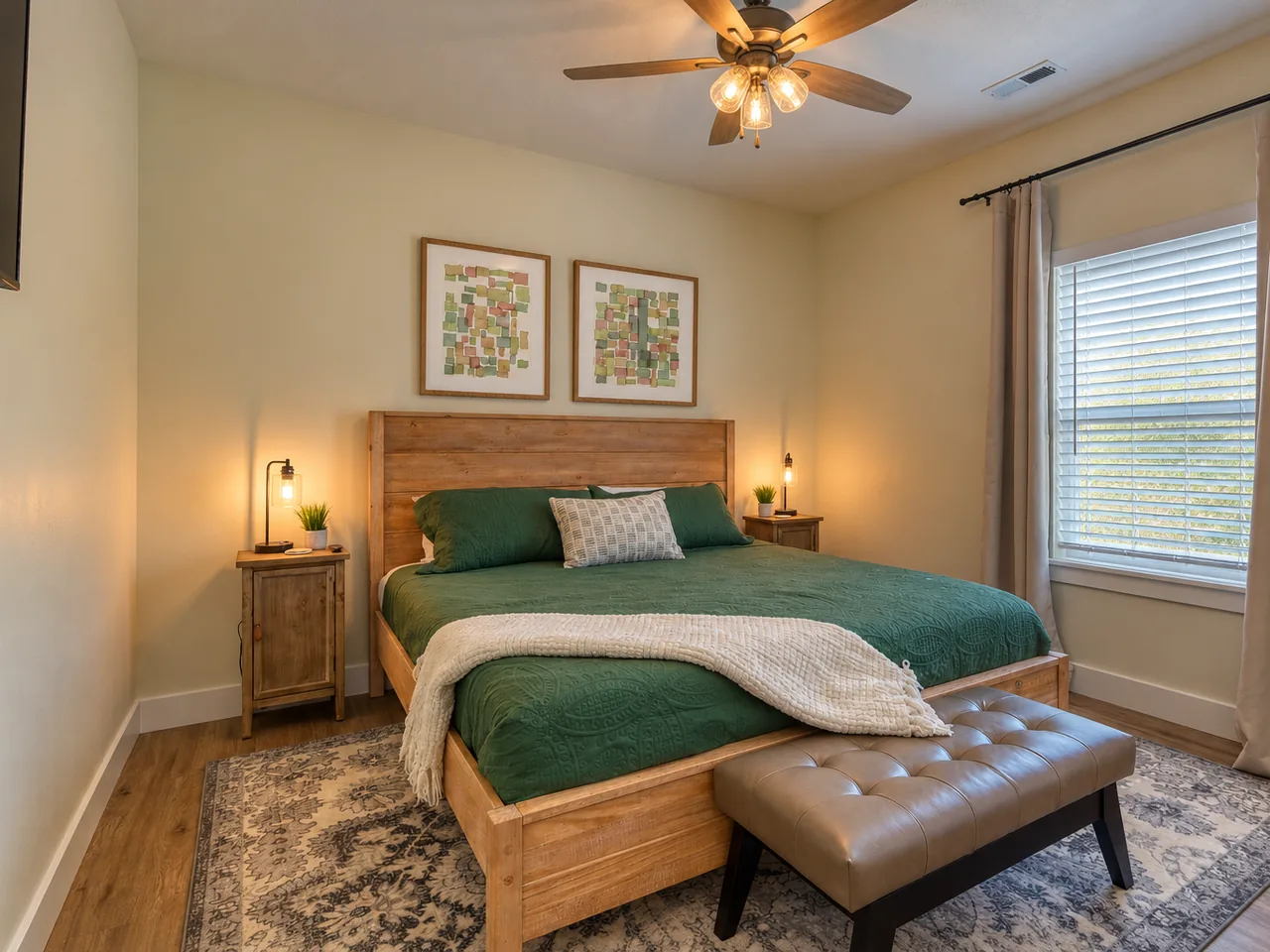 Bedroom in our own Airbnb rental: a light wood king bed with green bedding, a cream knit throw and a tufted leather bench at the foot. Centered above the headboard hang two framed Tilewash Pear Blossom prints in oak frames with white mats, loose grids of soft green, pink and ochre watercolor squares, between wooden nightstands with lit lamps.