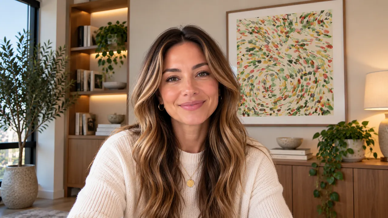 Woman with long wavy hair in a cream sweater smiling at her webcam; behind her, off to one side, hangs a large framed print of red, green, yellow and blue dabs swirling around a pale center, beside a lit bookshelf and a trailing plant.