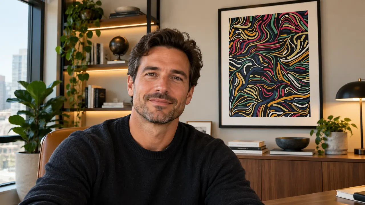 Man in a dark crew-neck sweater smiling at his webcam in a home office; behind his shoulder hangs a framed print of bold red, yellow, green and white ribbons flowing across a navy background, above a wooden credenza with a black desk lamp.