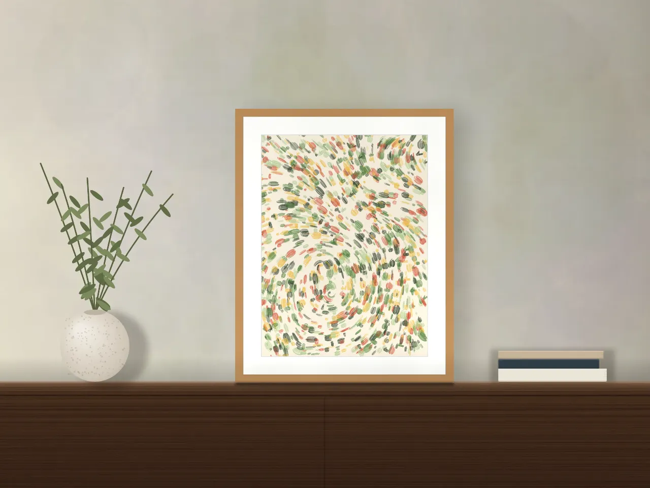 Gyre design 61b8: swirling abstract brushstroke art print in the Orchard palette, system twin gyres, strokes gusts, framed in natural oak and leaning on a walnut console