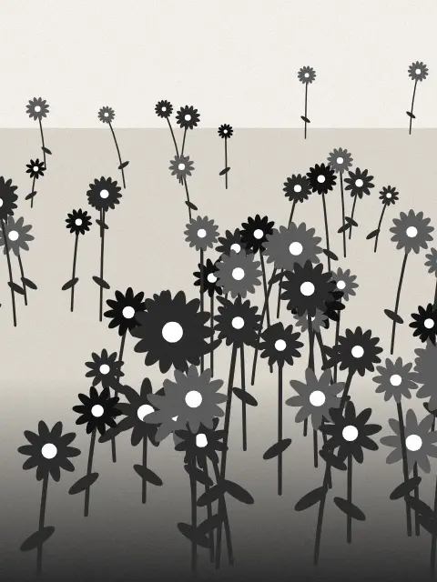 Fronds design e577: botanical fronds art print in the Monochrome palette, flora daisies, density sparse