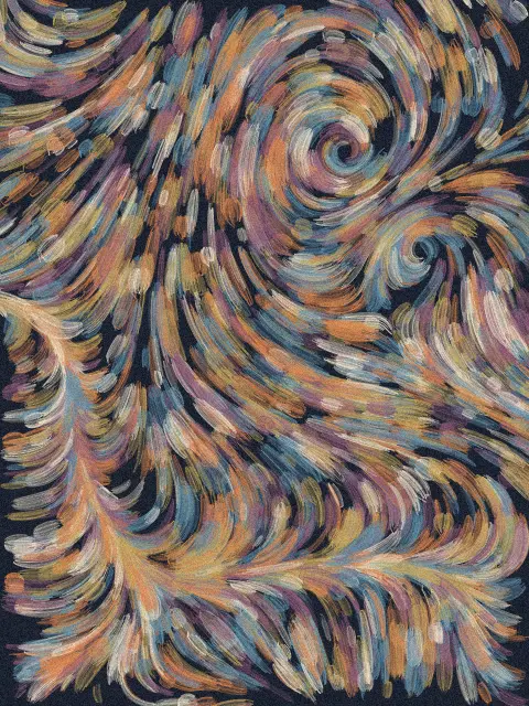 Gyre design 2c45: swirling abstract brushstroke art print in the Night Wind palette, system twin gyres, strokes currents