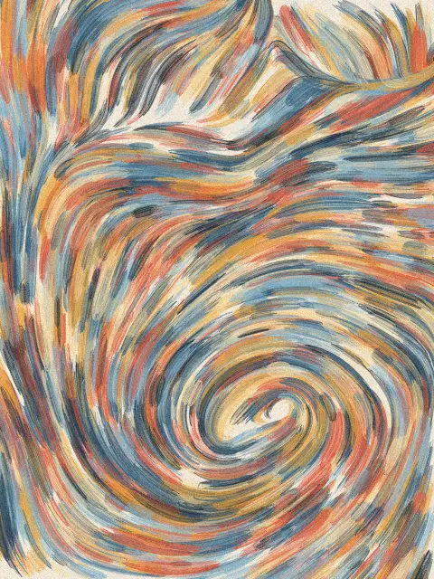 Gyre design f7c6: swirling abstract brushstroke art print in the Seaside palette, system twin gyres, strokes jetstream