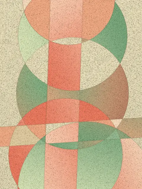 Orbit design 148c: geometric circle abstract art print in the Melon Orchard palette, composition totem, cuts half moons