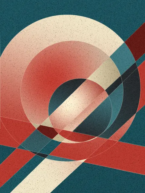 Orbit design b57c: geometric circle abstract art print in the Deep Lagoon palette, composition grand ring, cuts crossing bars