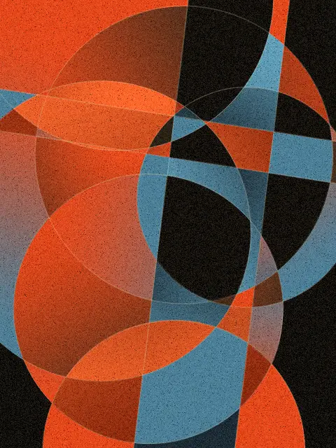Orbit design f5bb: geometric circle abstract art print in the Ember & Ink palette, composition crowded orbits, cuts half moons