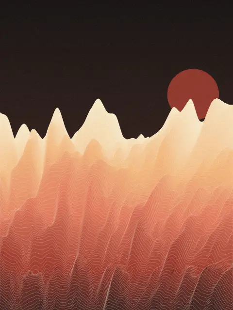 Ridgeline No. 1: layered landscape line art print in the Ember palette, lines medium, terrain canyon