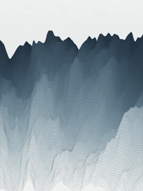 Ridgeline design a4e9: layered landscape line art print in the Fog palette, lines medium, terrain peaks
