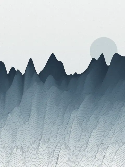 Ridgeline design efac: layered landscape line art print in the Fog palette, lines medium, terrain canyon