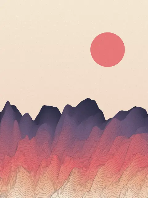 Ridgeline No. 2: layered landscape line art print in the Desert Dusk palette, lines medium, terrain canyon
