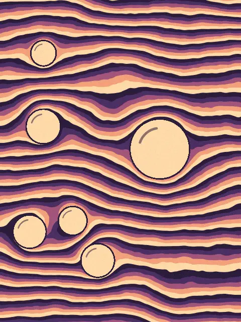 Waves design 6c0b: stream flow abstract art print in the Delta Dusk palette, direction left to right, stones scattered